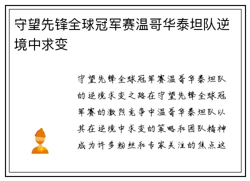 守望先锋全球冠军赛温哥华泰坦队逆境中求变