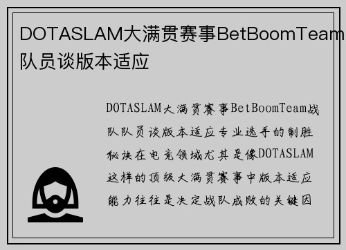 DOTASLAM大满贯赛事BetBoomTeam战队队员谈版本适应