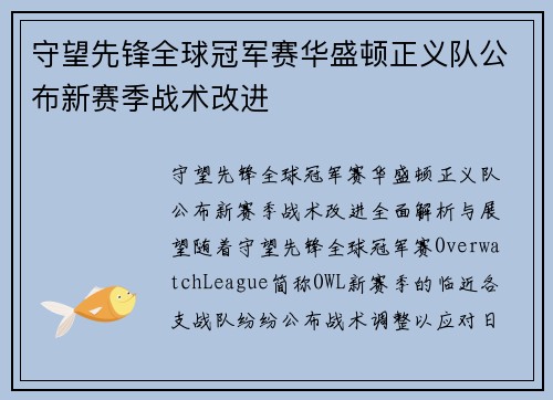 守望先锋全球冠军赛华盛顿正义队公布新赛季战术改进